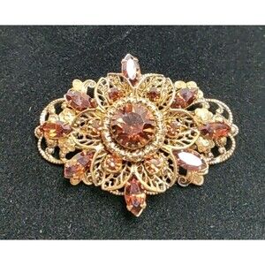 W Germany Dark Amber Oval Flower Brooch With Filagree